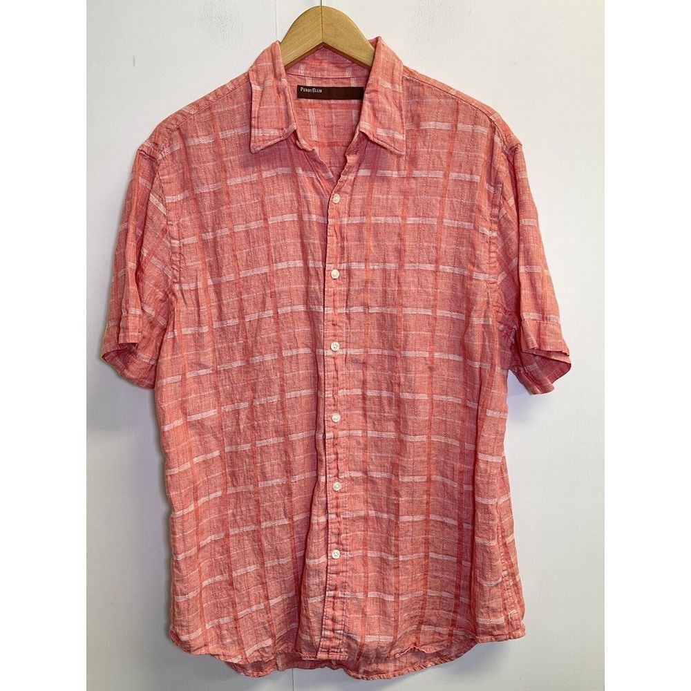 PERRY ELLIS Men's Size L Linen Blend Coral Shirt Short Sleeve